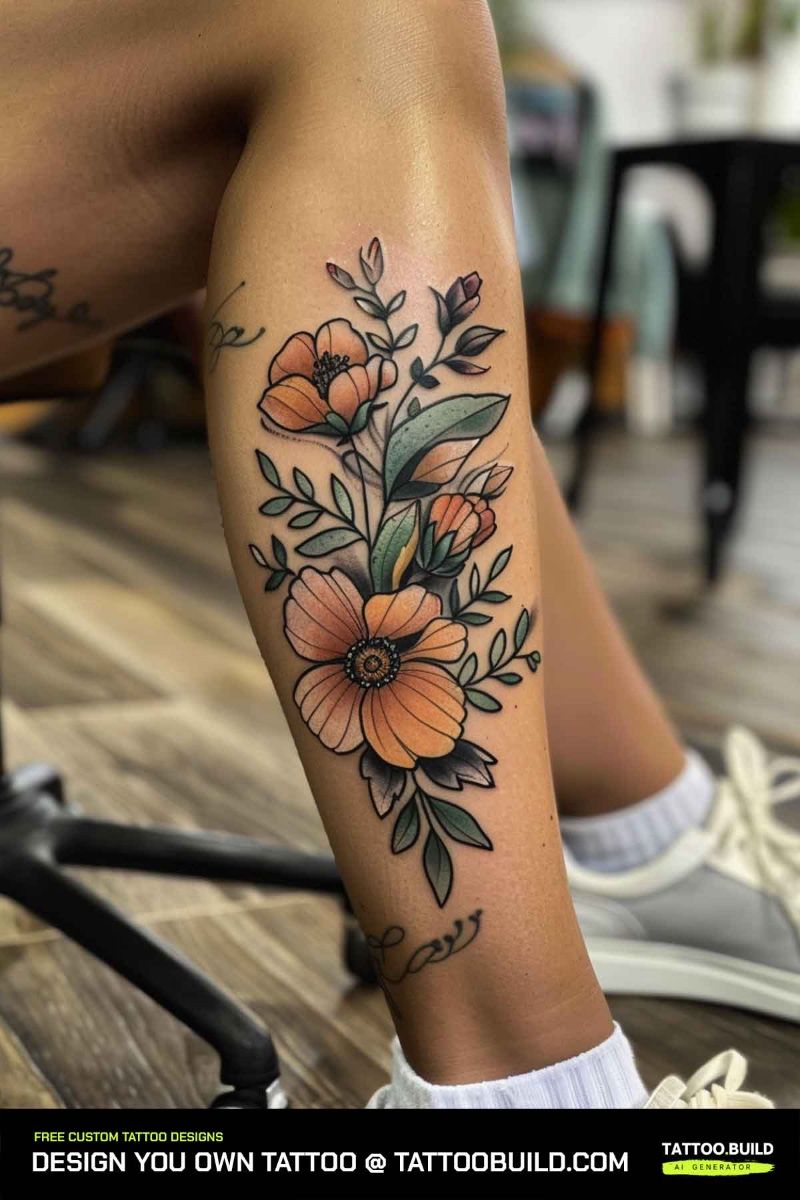 artistic feminine leg tattoo ideas with floral themes