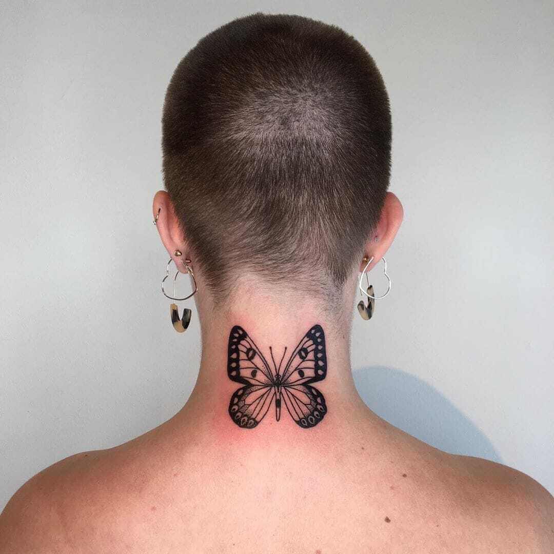 artistic small butterfly neck tattoo inspirations