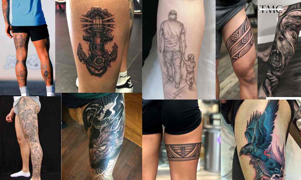 bold small mens thigh tattoo options