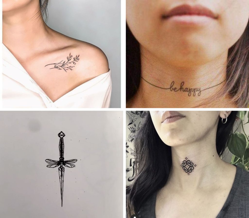 delicate small female front neck tattoo styles