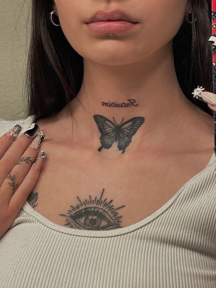 elegant small female front neck tattoo inspiration