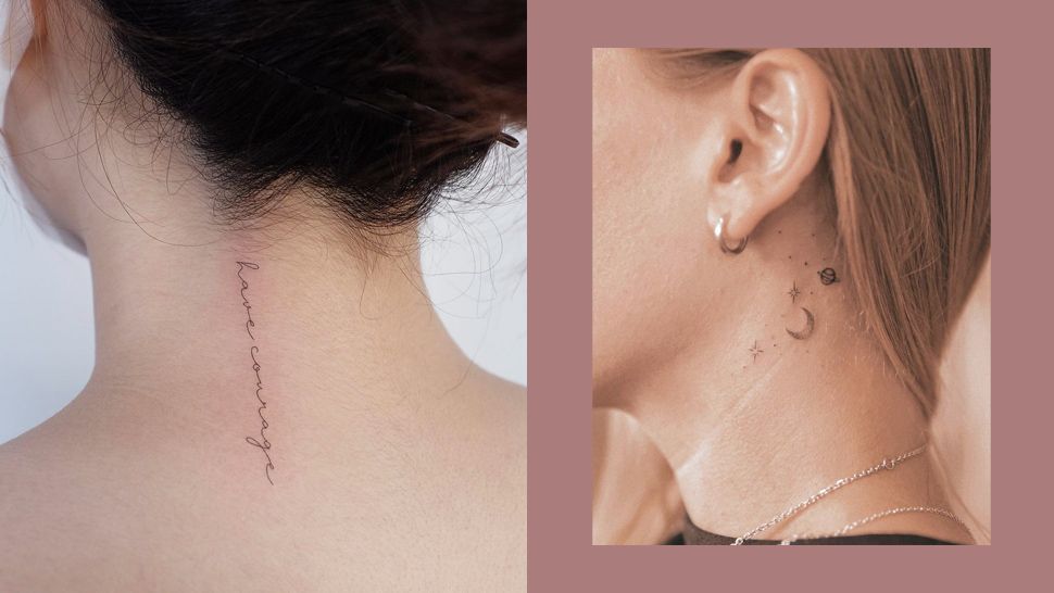 feminine small side neck tattoo ideas for ladies.