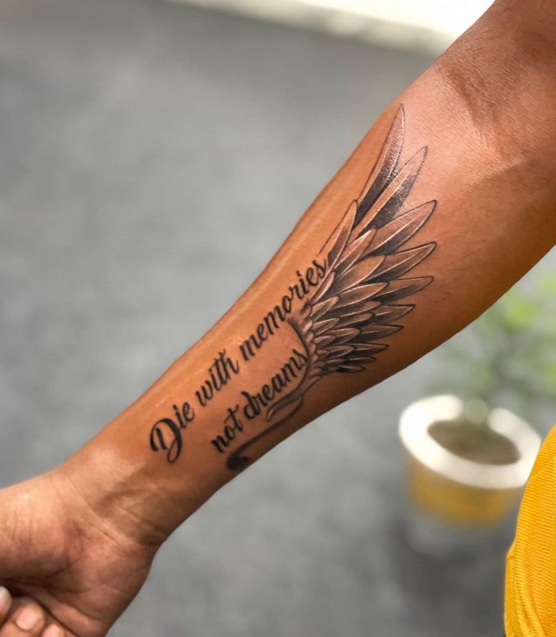 minimalist small wing tattoo on forearm suggestions