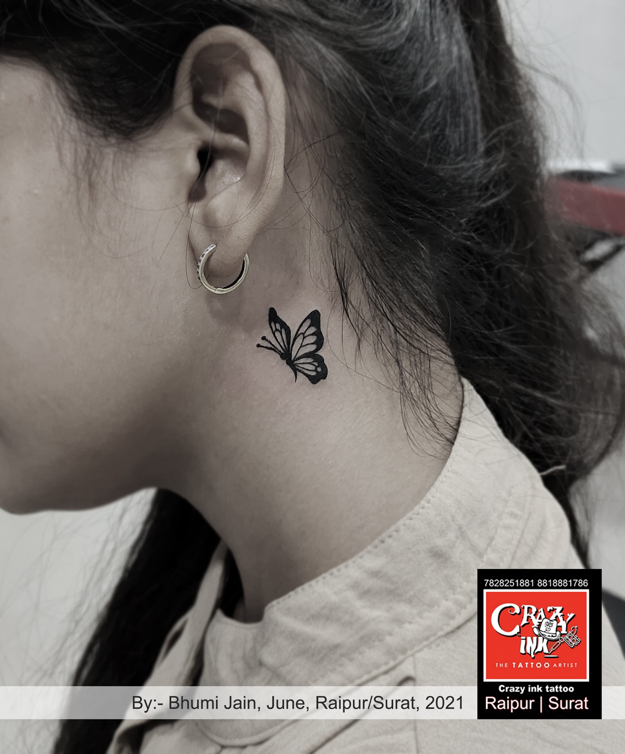 minimalistic small butterfly neck tattoos