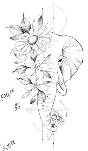 Small elephant tattoo with flowers 0036