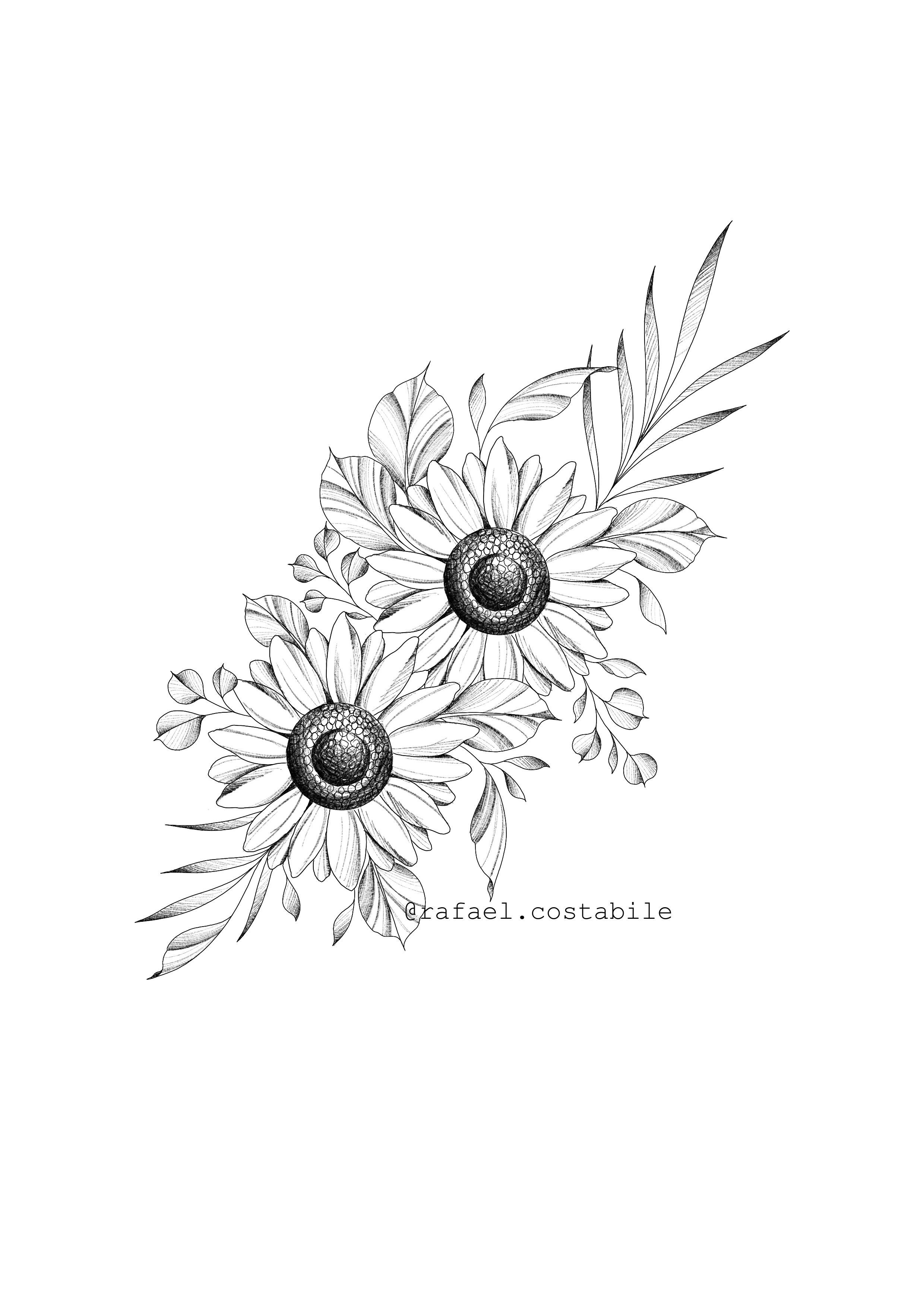 Small sunflower tattoo black and white 0031