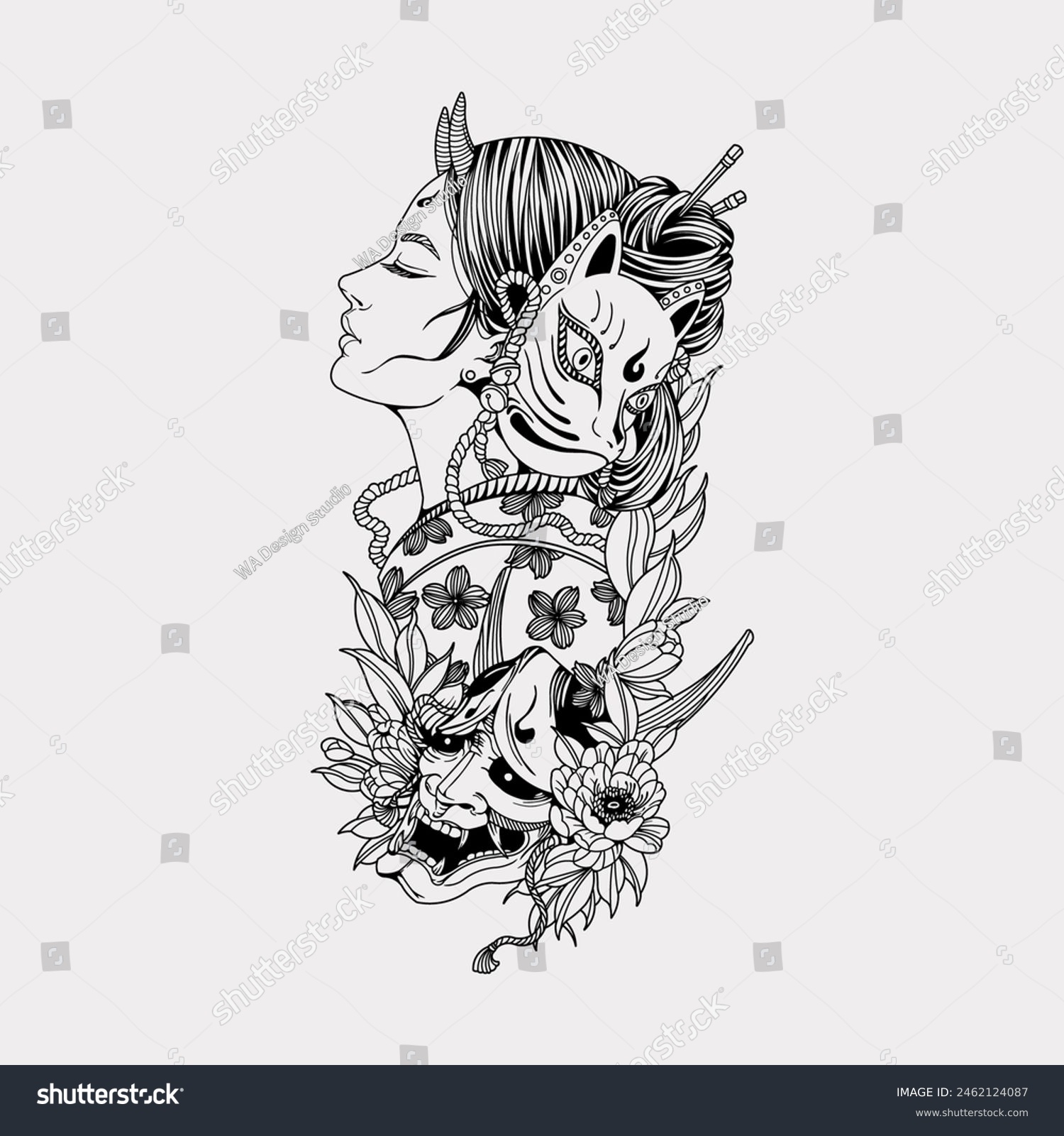 tattoo ideas woman face upside down oni face tattoo 0050