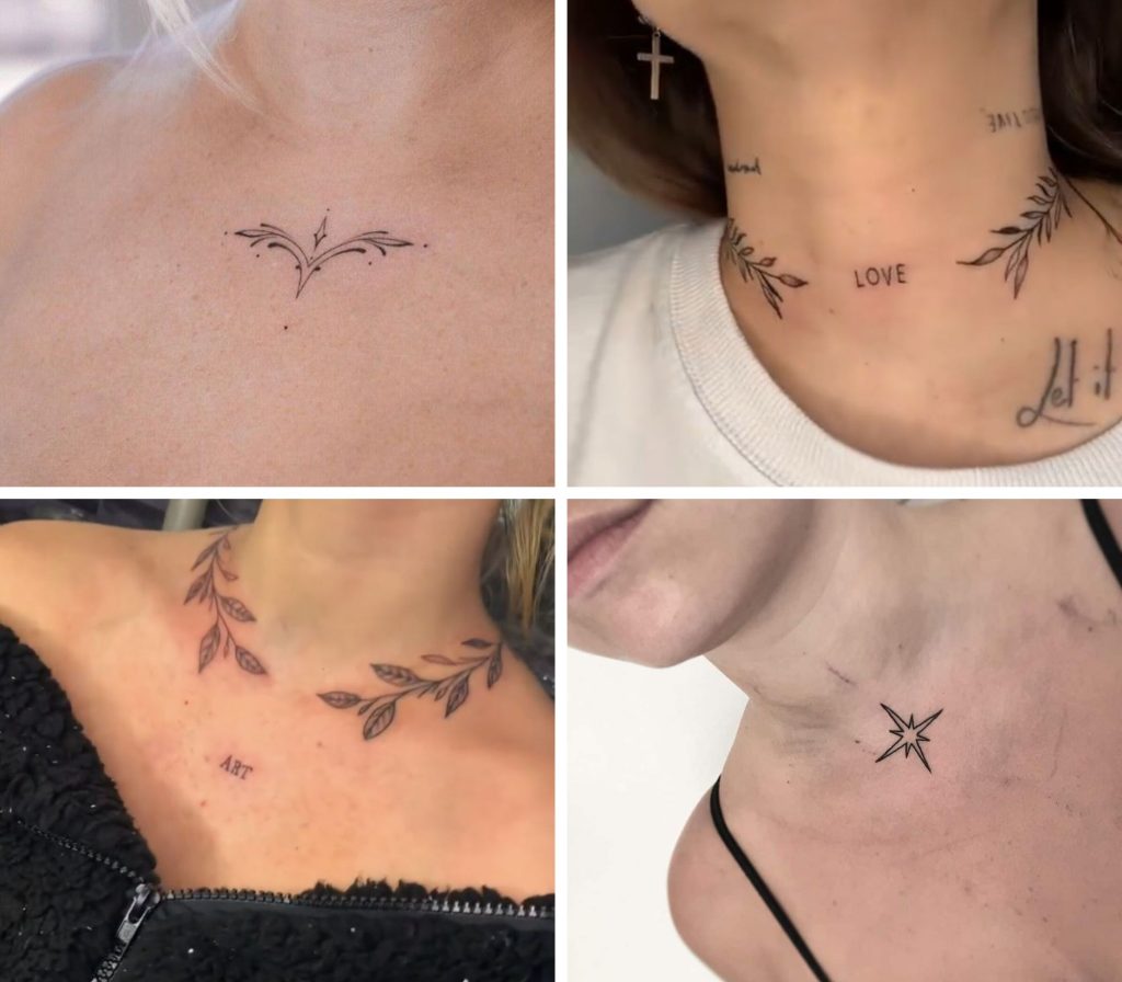 trendy small female front neck tattoo options