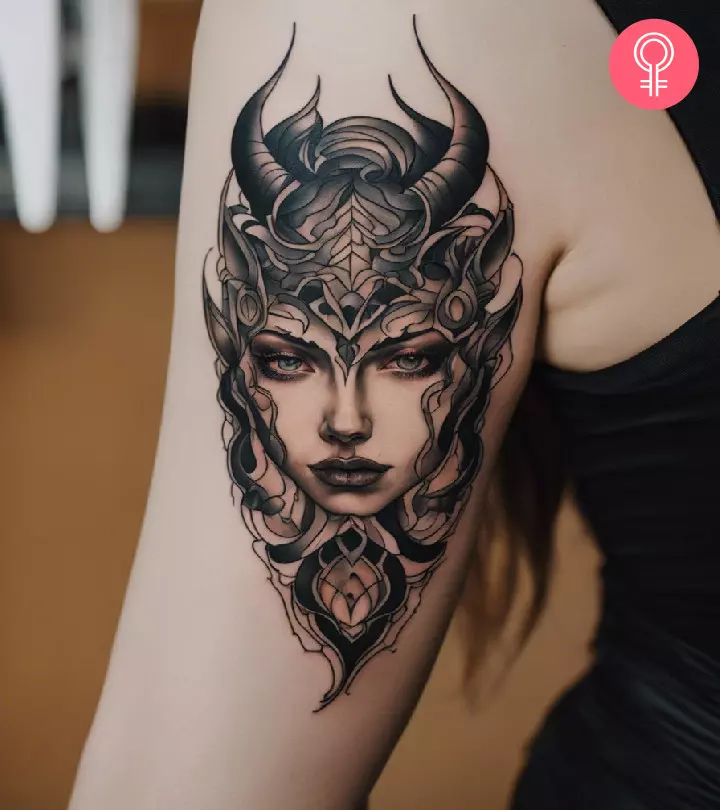 unique woman face upside down oni tattoos for inspiration