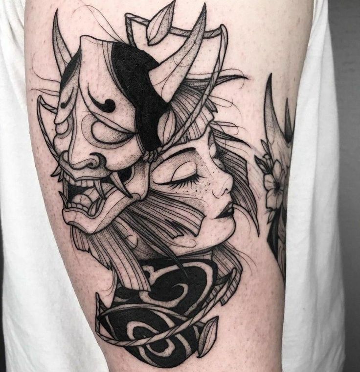 woman face upside down oni tattoo styles