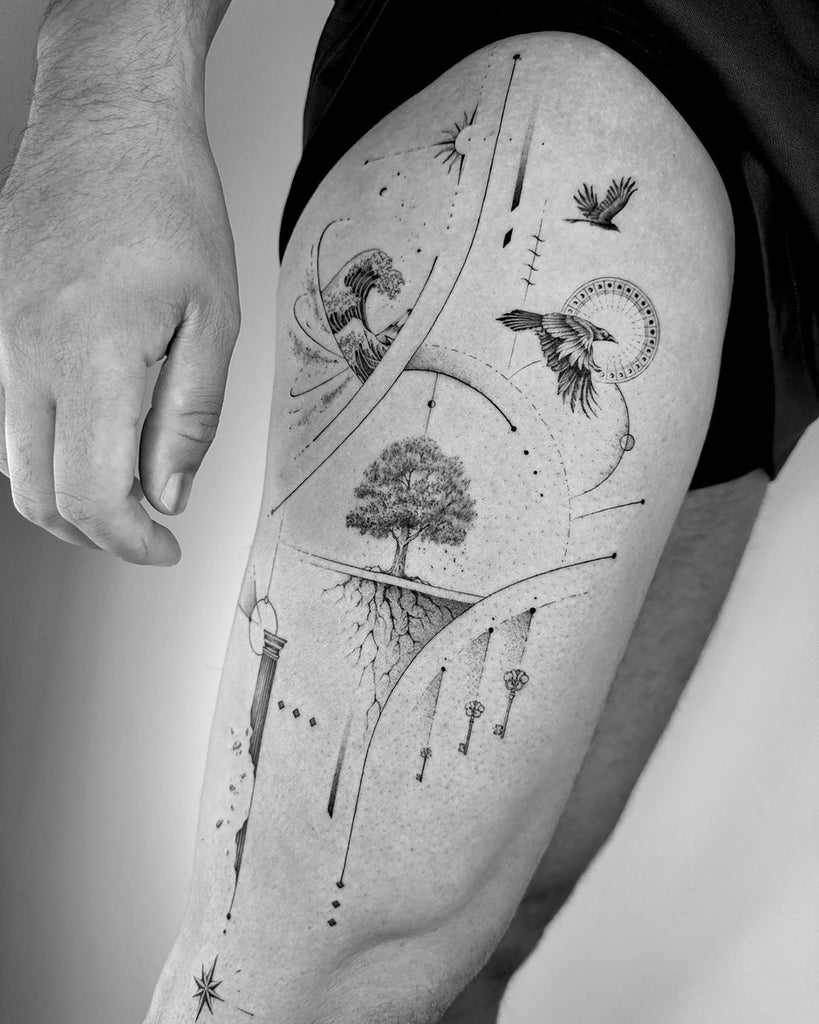 Embodying elegance and creativity with a small wrap around thigh tattoo